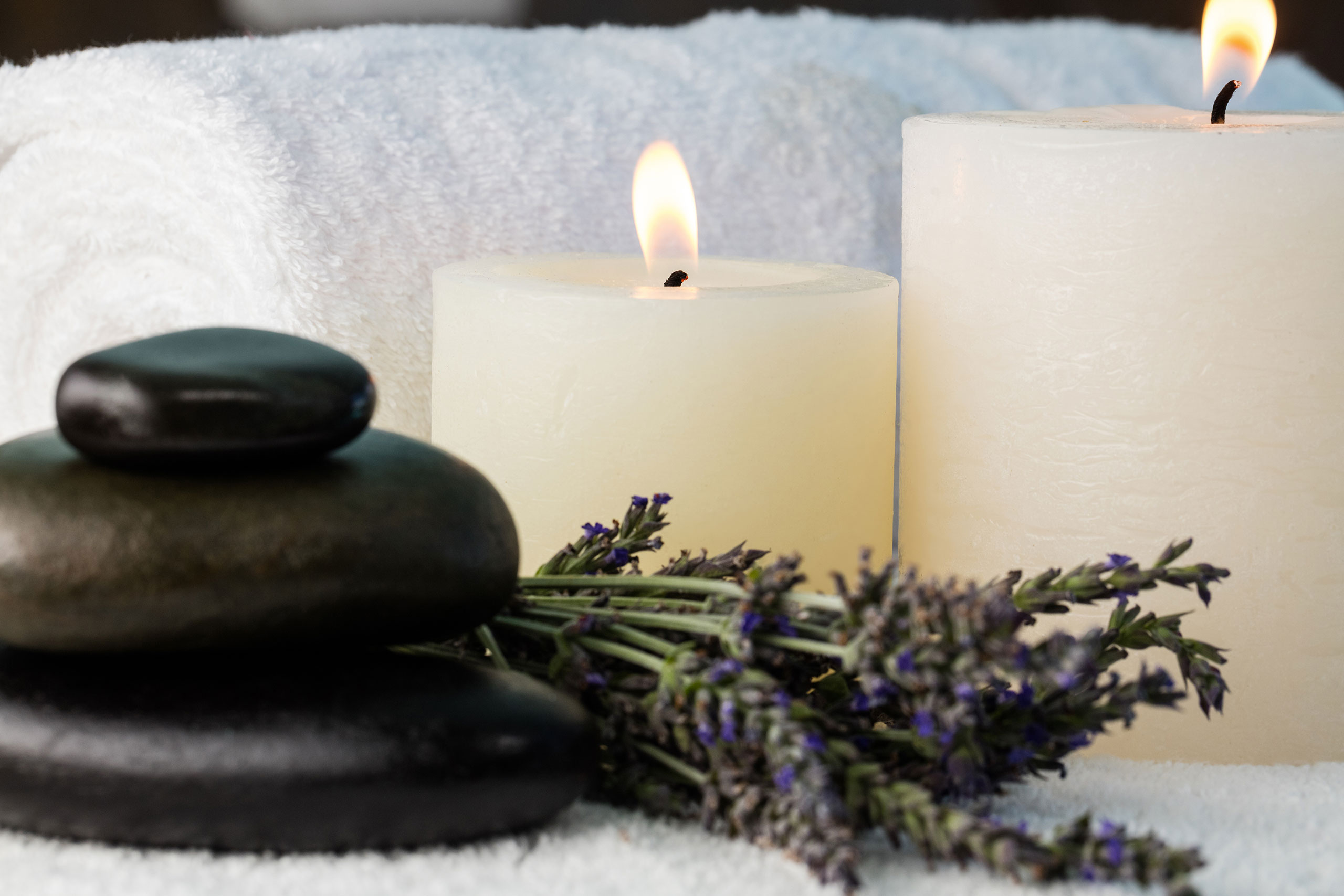 photo of candles, rocks, lavender