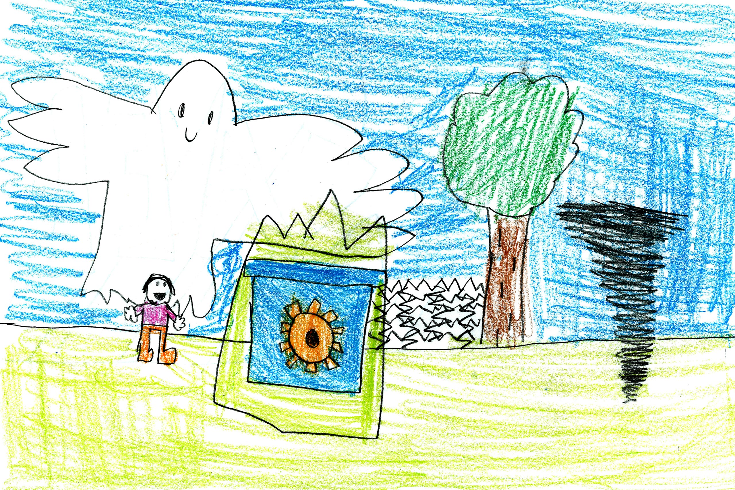 Child's drawing of ghost, wind, nature