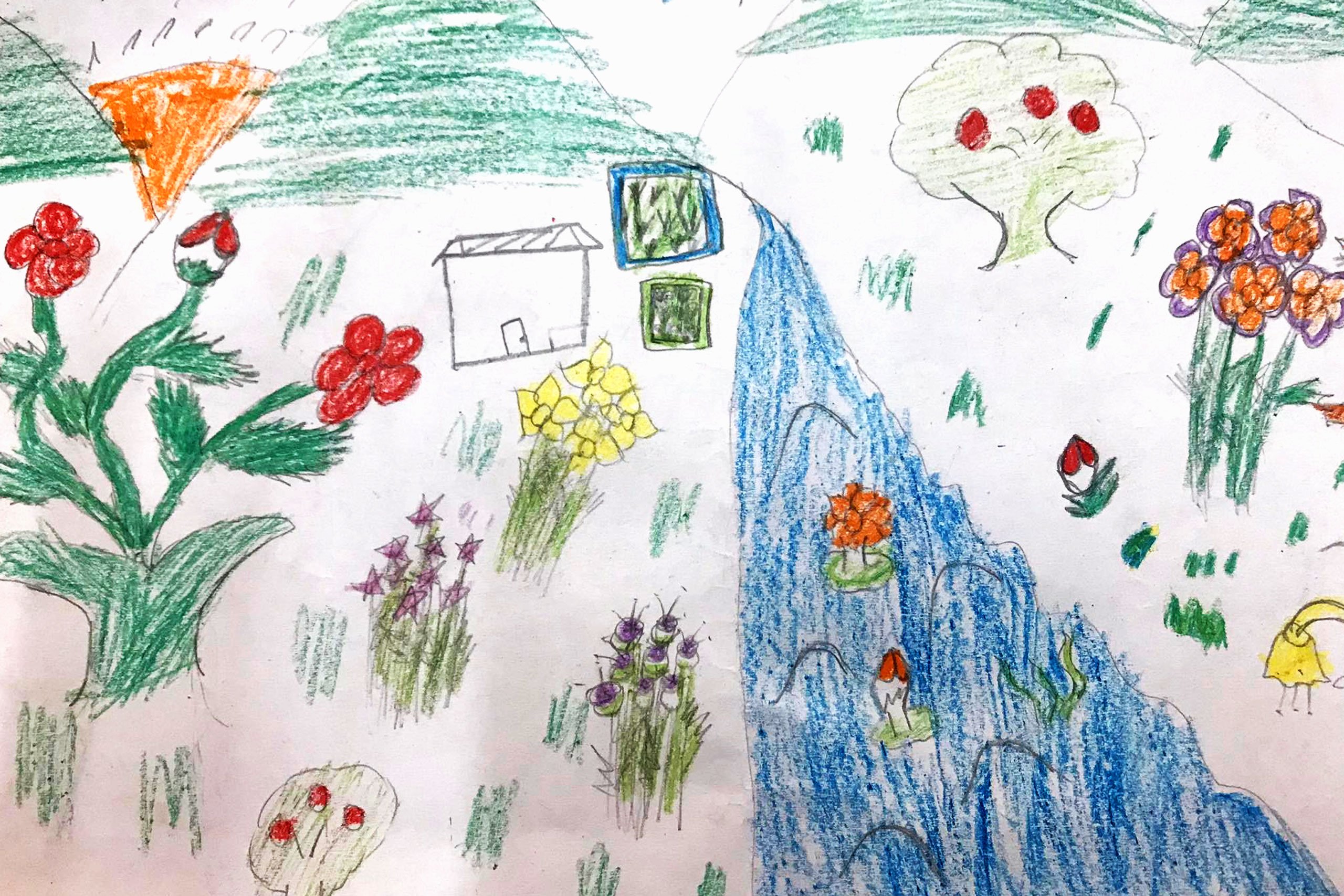 children's drawing of a landscape and river