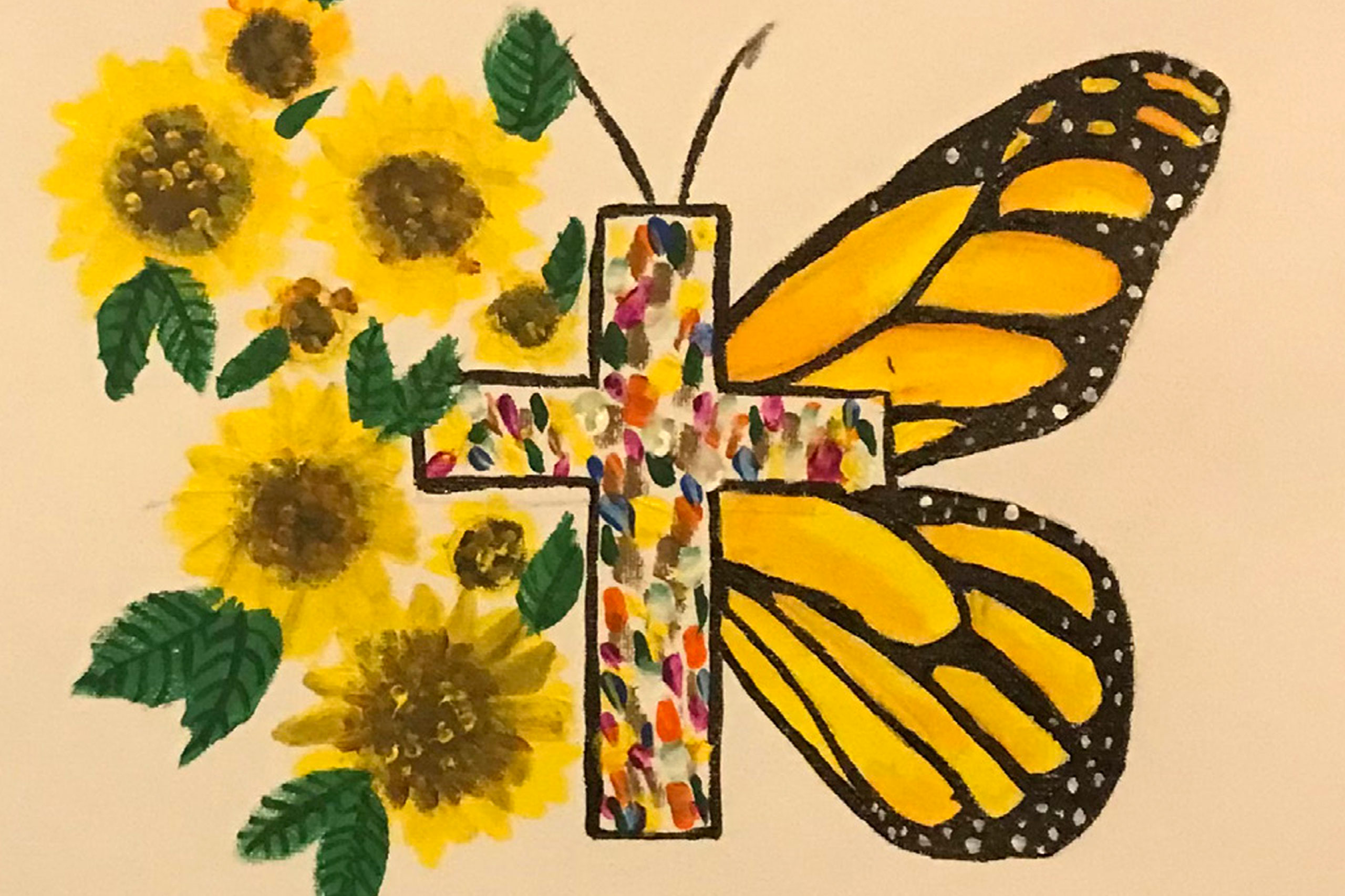 child's drawing of a butterfly, flowers. and a cross