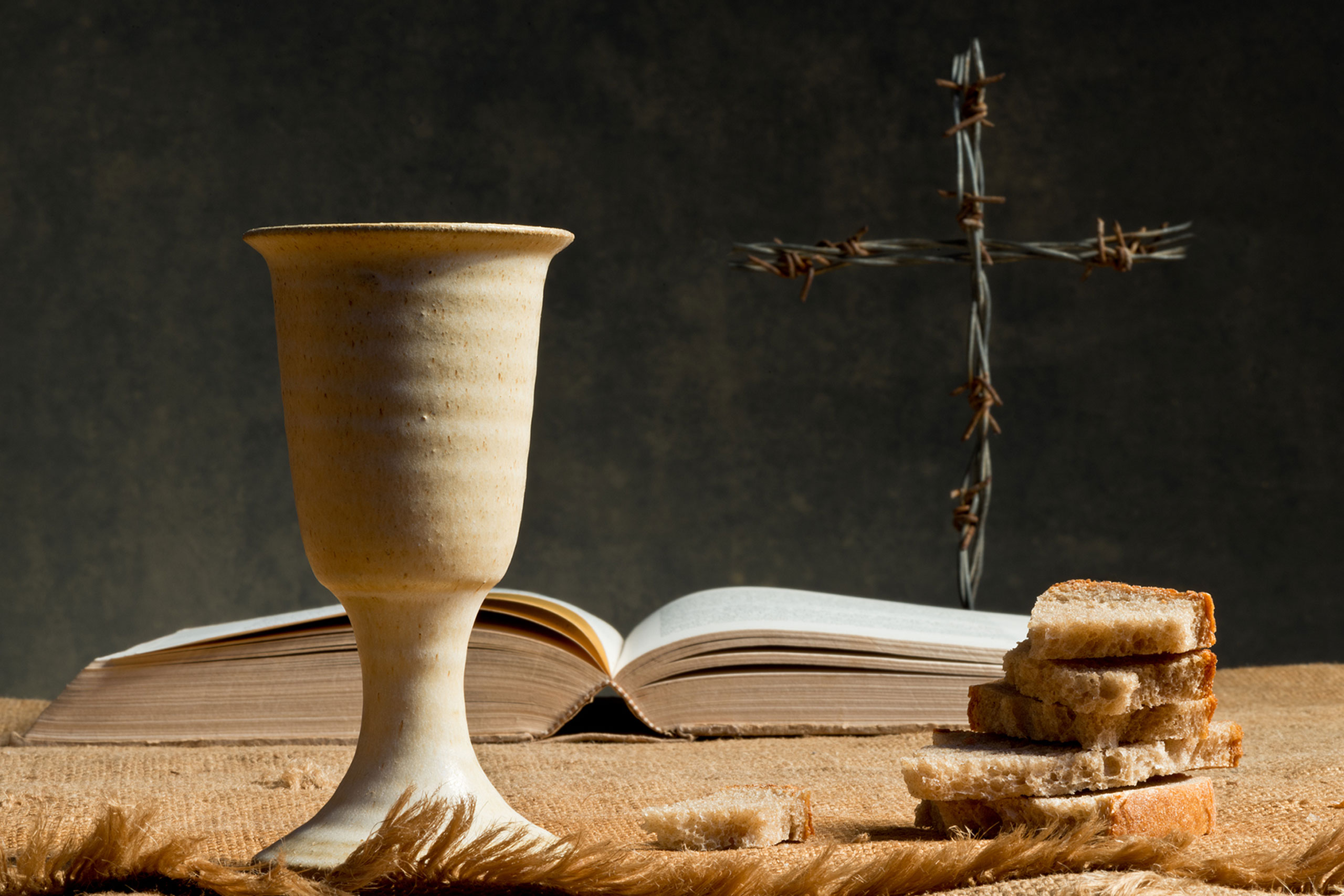 bread, chalice, cross, book
