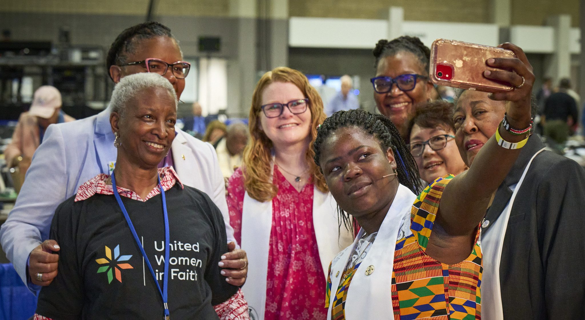 Members of United Women in Faith take a selfie on April 29 during the 2024 United Methodist General Conference in Charlotte, N.C. Photo by Paul Jeffrey/UM News.